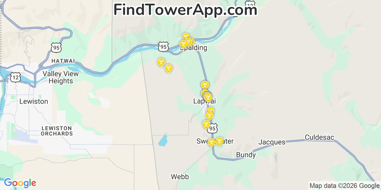 Map showing the 20 primary cell tower locations detected in Lapwai, Idaho from AT&T, Verizon, and T-Mobile networks