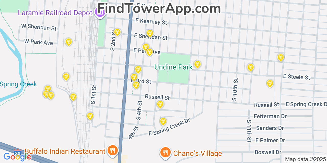 Map showing the 20 primary cell tower locations detected in Laramie, Wyoming from AT&T, Verizon, and T-Mobile networks