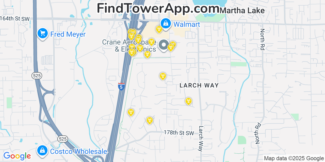 Map showing the 20 primary cell tower locations detected in Larch Way, Washington from AT&T, Verizon, and T-Mobile networks