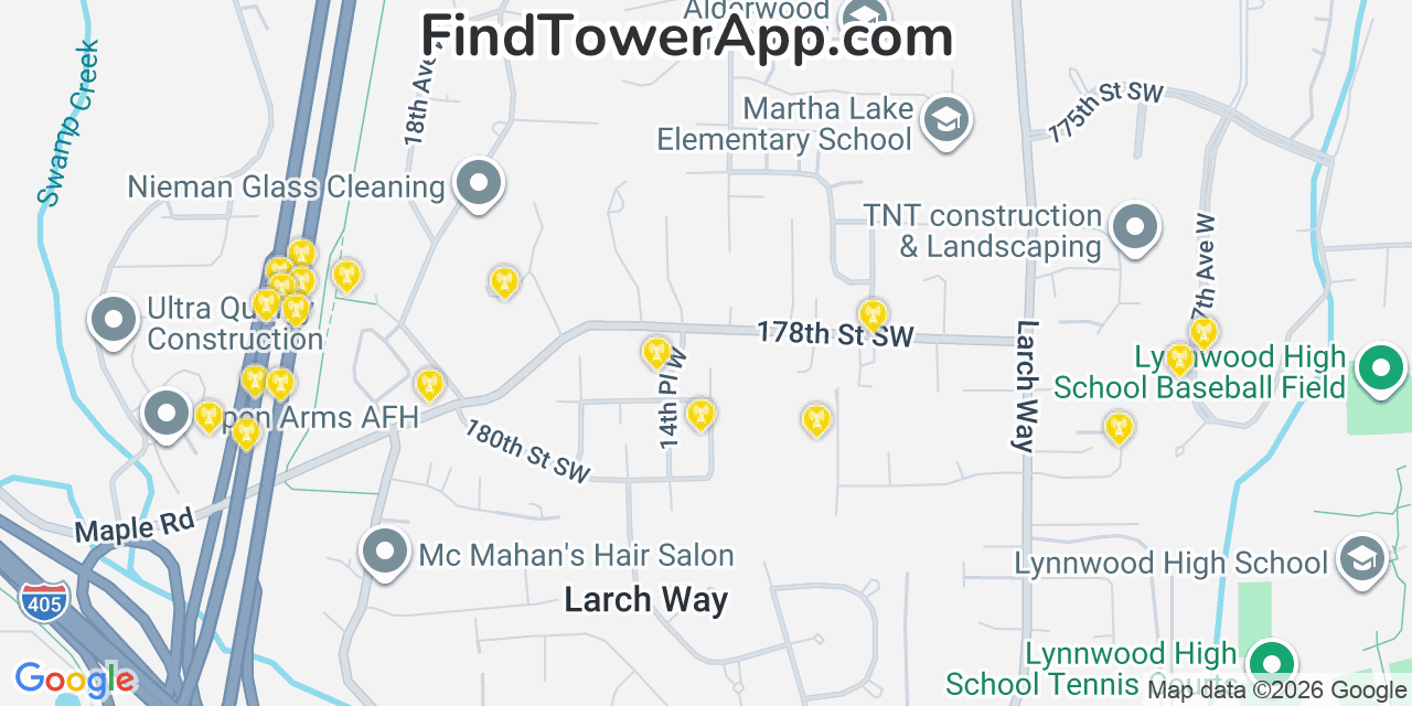 Map showing the 20 primary cell tower locations detected in Larch Way, Washington from AT&T, Verizon, and T-Mobile networks
