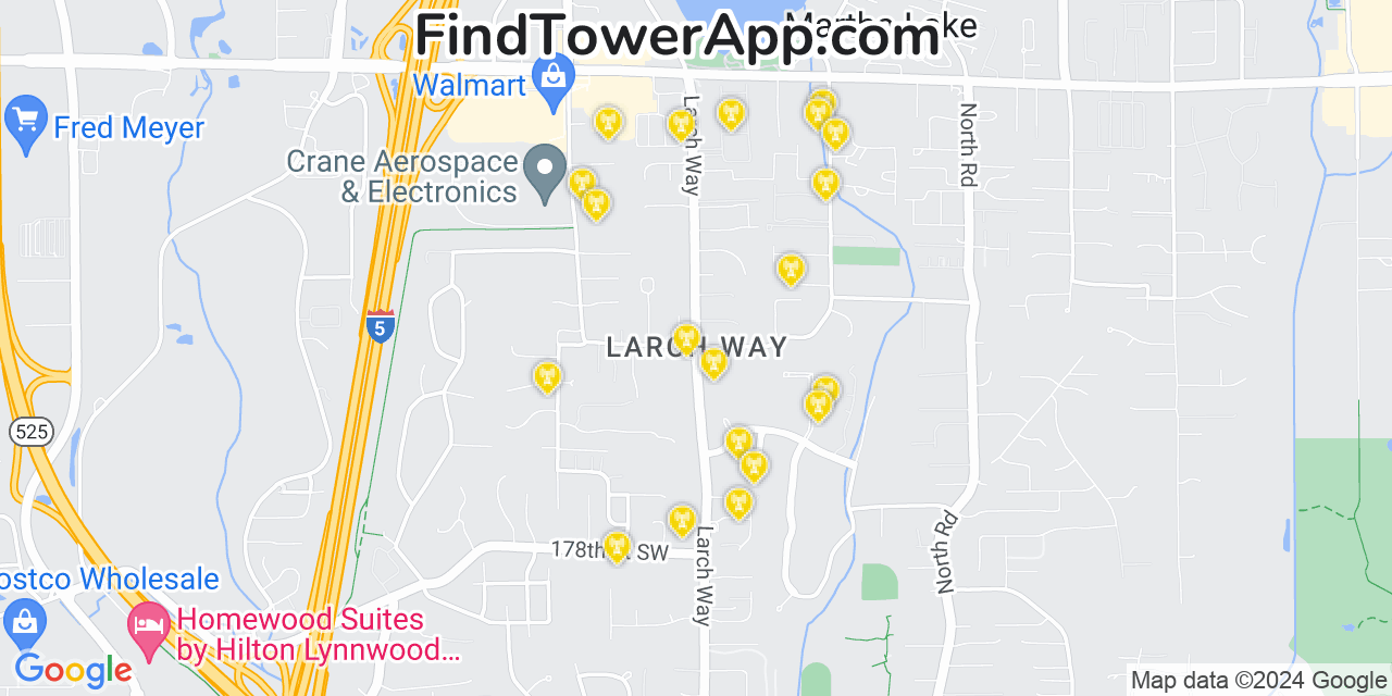 Verizon 4G/5G cell tower coverage map Larch Way, Washington