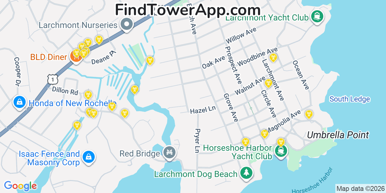 Map showing the 20 primary cell tower locations detected in Larchmont, New York from AT&T, Verizon, and T-Mobile networks