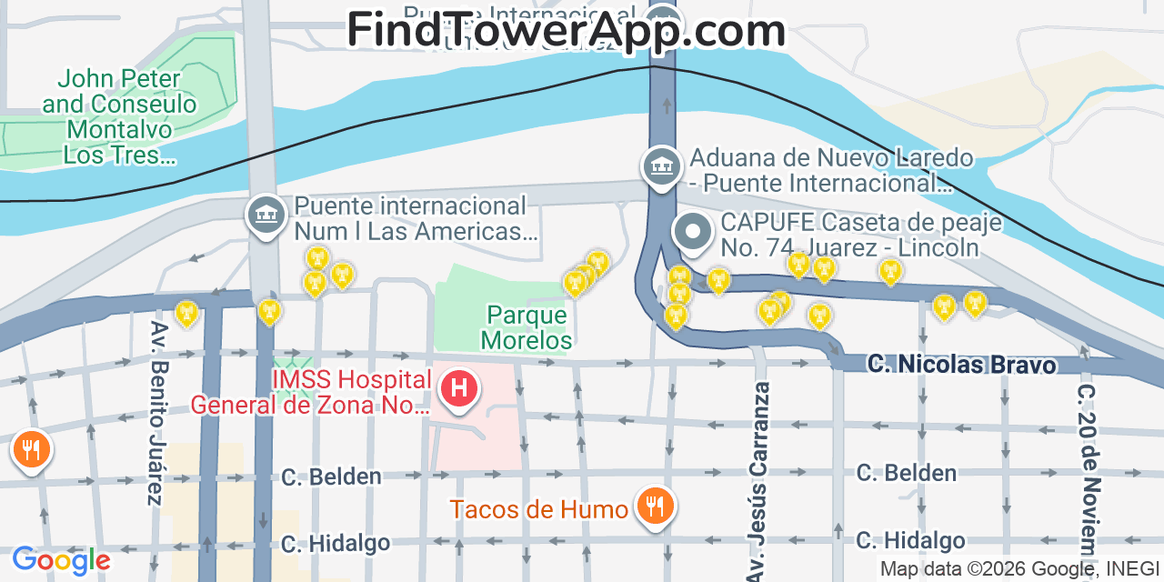 Map showing the 20 primary cell tower locations detected in Laredo, Texas from AT&T, Verizon, and T-Mobile networks