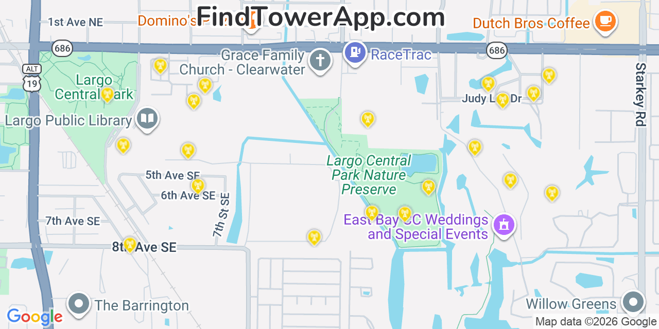 Map showing the 20 primary cell tower locations detected in Largo, Florida from AT&T, Verizon, and T-Mobile networks
