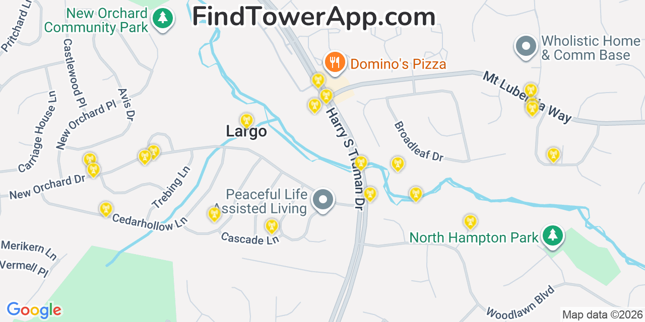 Map showing the 20 primary cell tower locations detected in Largo, Maryland from AT&T, Verizon, and T-Mobile networks