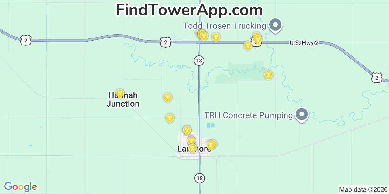Map showing the 20 primary cell tower locations detected in Larimore, North Dakota from AT&T, Verizon, and T-Mobile networks