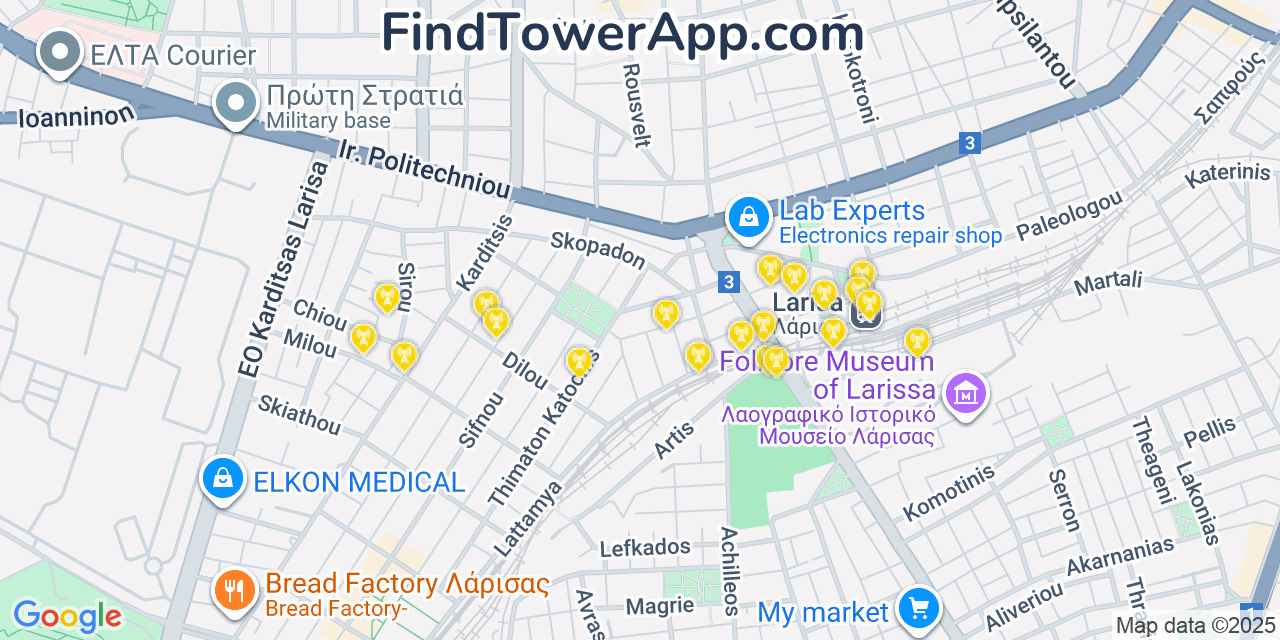 Map showing the 20 primary cell tower locations detected in Larissa, Greece with coverage areas and signal strength