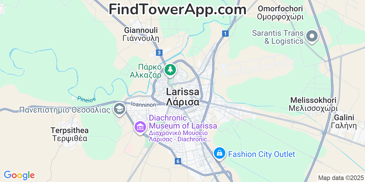 Map showing the 0 primary Vodafone cell tower locations detected in Larissa, Greece with coverage radius and signal strength indicators