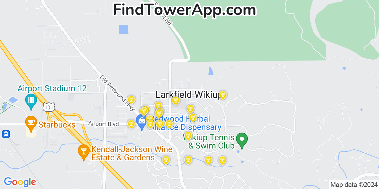 AT&T 4G/5G cell tower coverage map Larkfield Wikiup, California