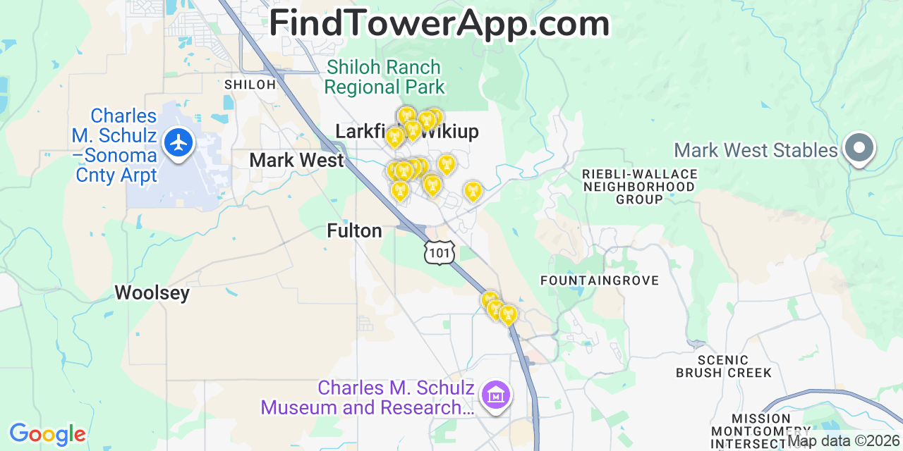 Map showing the 20 primary cell tower locations detected in Larkfield Wikiup, California from AT&T, Verizon, and T-Mobile networks