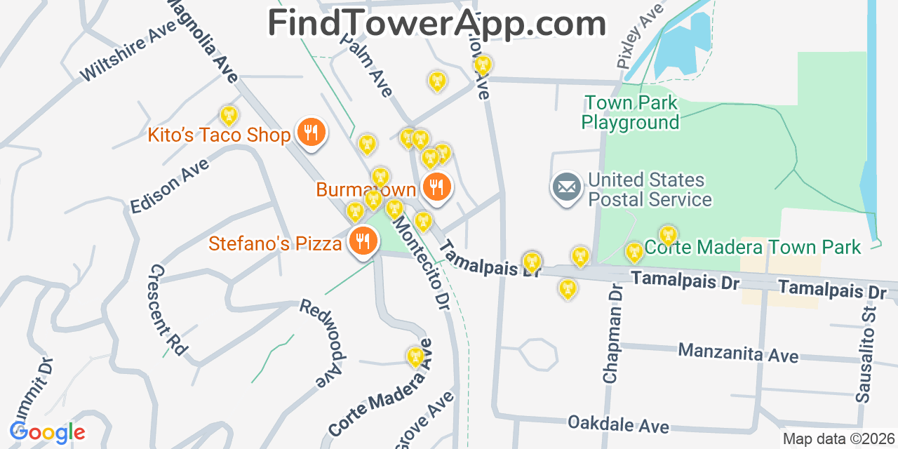 Map showing the 20 primary cell tower locations detected in Larkspur, California from AT&T, Verizon, and T-Mobile networks