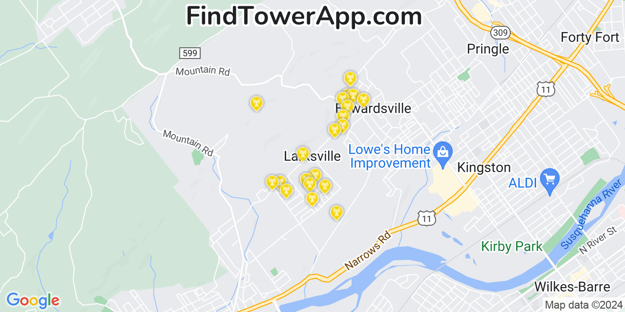 AT&T 4G/5G cell tower coverage map Larksville, Pennsylvania