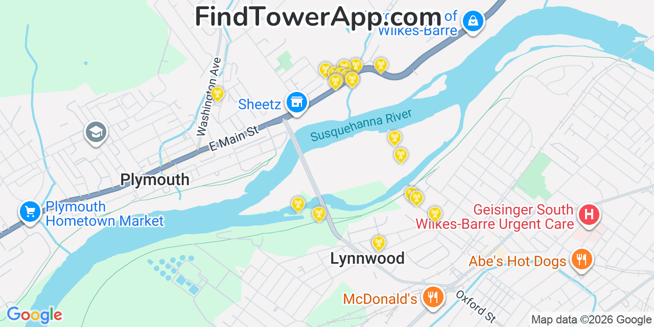 Map showing the 20 primary cell tower locations detected in Larksville, Pennsylvania from AT&T, Verizon, and T-Mobile networks