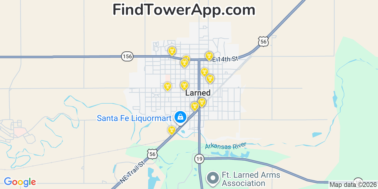 Map showing the 20 primary cell tower locations detected in Larned, Kansas from AT&T, Verizon, and T-Mobile networks