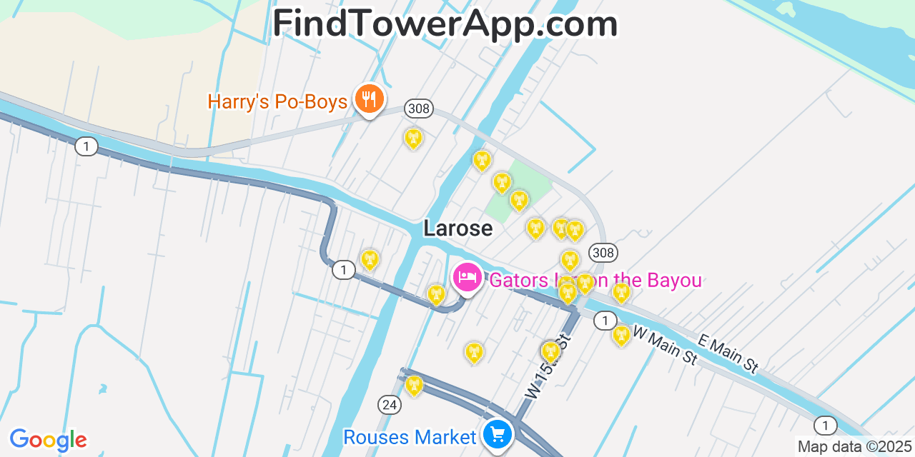 Map showing the 20 primary cell tower locations detected in Larose, Louisiana from AT&T, Verizon, and T-Mobile networks