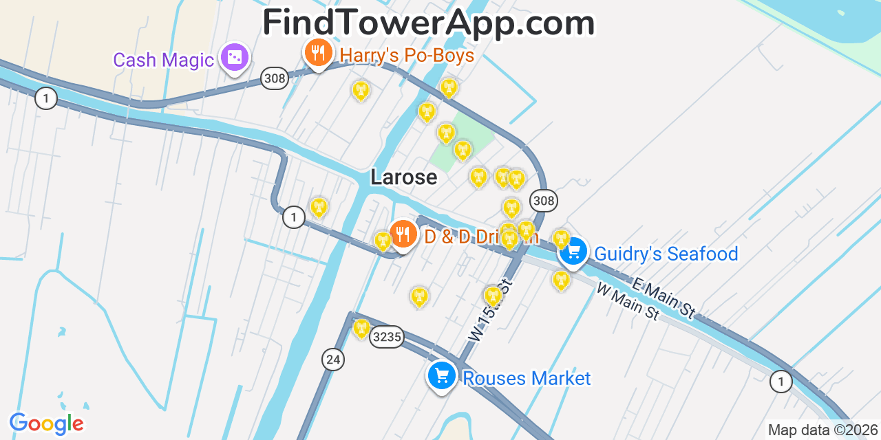 Map showing the 20 primary cell tower locations detected in Larose, Louisiana from AT&T, Verizon, and T-Mobile networks