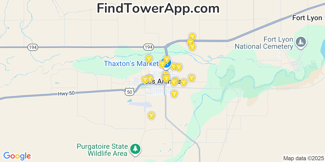 Map showing the 20 primary cell tower locations detected in Las Animas, Colorado from AT&T, Verizon, and T-Mobile networks