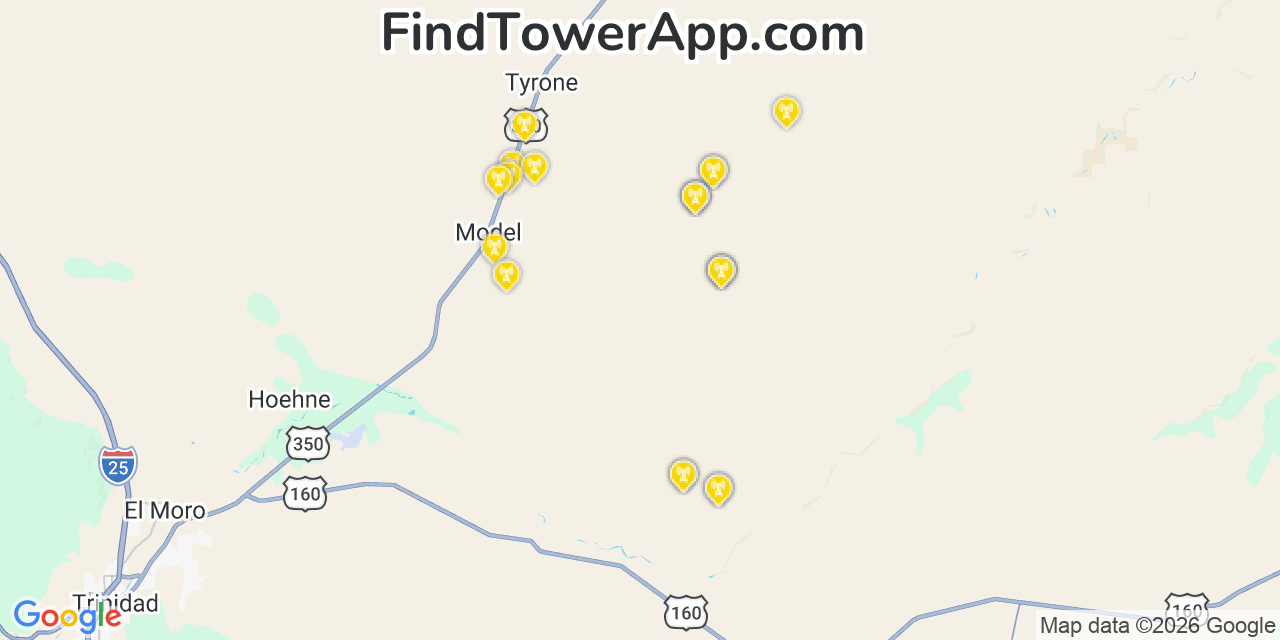 Map showing the 20 primary cell tower locations detected in Las Animas, Colorado from AT&T, Verizon, and T-Mobile networks