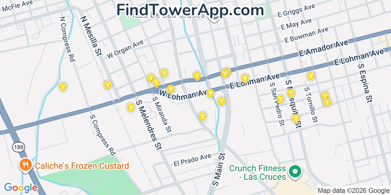 Map showing the 20 primary cell tower locations detected in Las Cruces, New Mexico from AT&T, Verizon, and T-Mobile networks