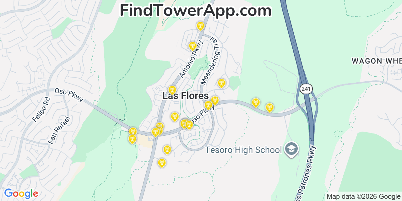 Map showing the 20 primary cell tower locations detected in Las Flores, California from AT&T, Verizon, and T-Mobile networks