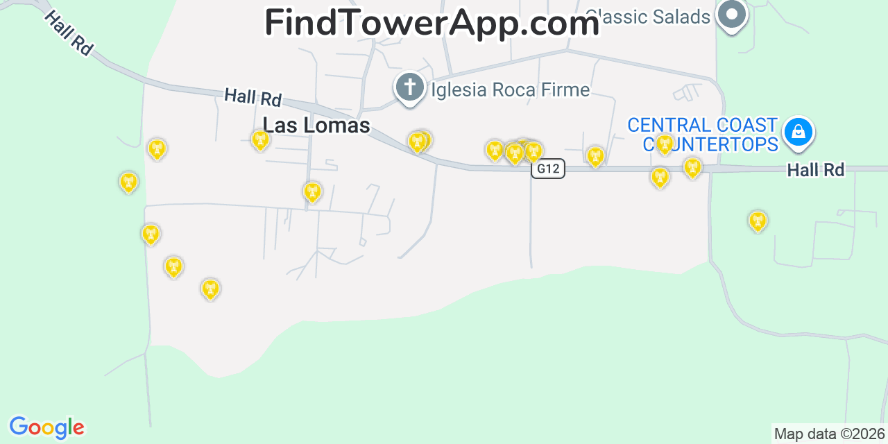 Map showing the 20 primary cell tower locations detected in Las Lomas, California from AT&T, Verizon, and T-Mobile networks