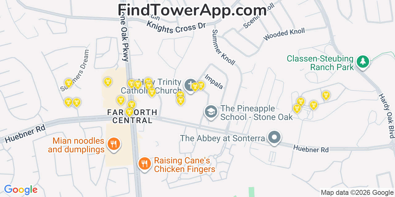 Map showing the 20 primary cell tower locations detected in Las Lomas, Texas from AT&T, Verizon, and T-Mobile networks