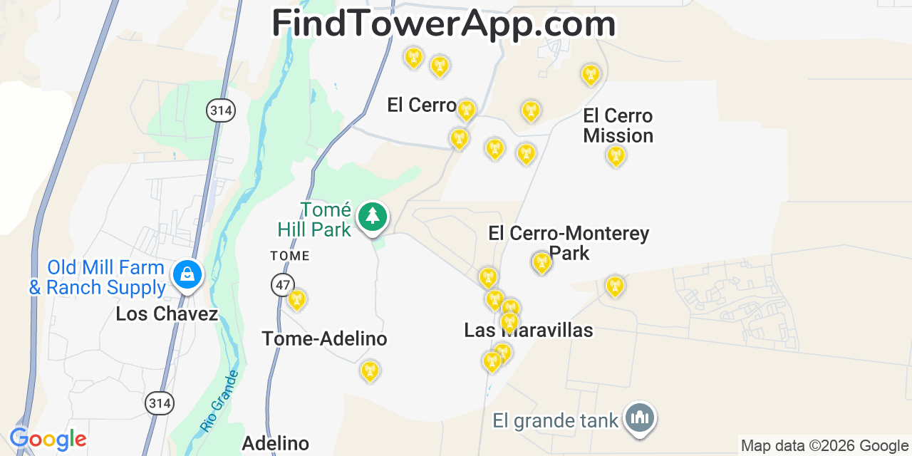 Map showing the 20 primary cell tower locations detected in Las Maravillas, New Mexico from AT&T, Verizon, and T-Mobile networks