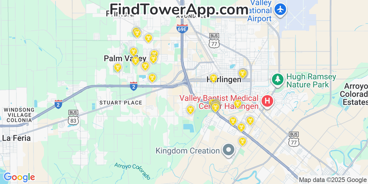 Map showing the 28 primary AT&T cell tower locations detected in Las Palmas Ii, Texas with coverage radius and signal strength indicators