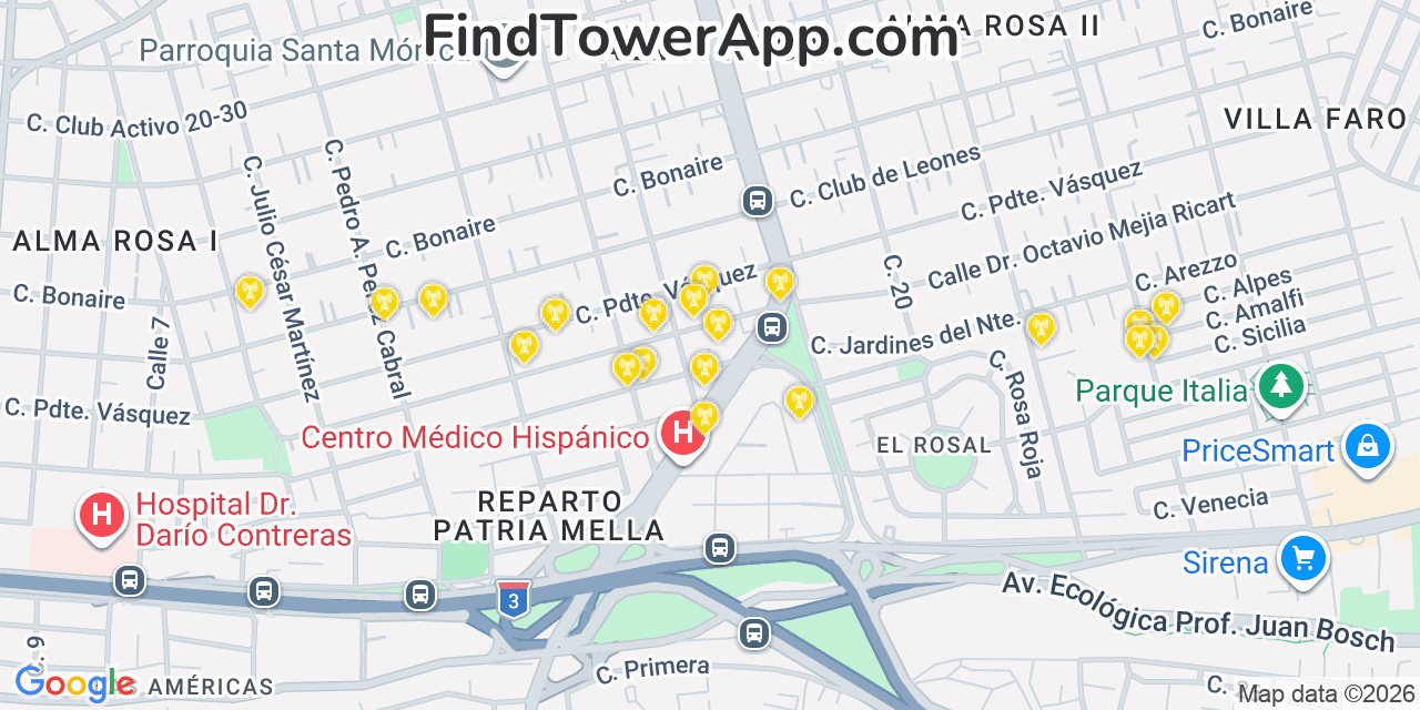 Map showing the 20 primary cell tower locations detected in Las Palmas Ii, Texas from AT&T, Verizon, and T-Mobile networks