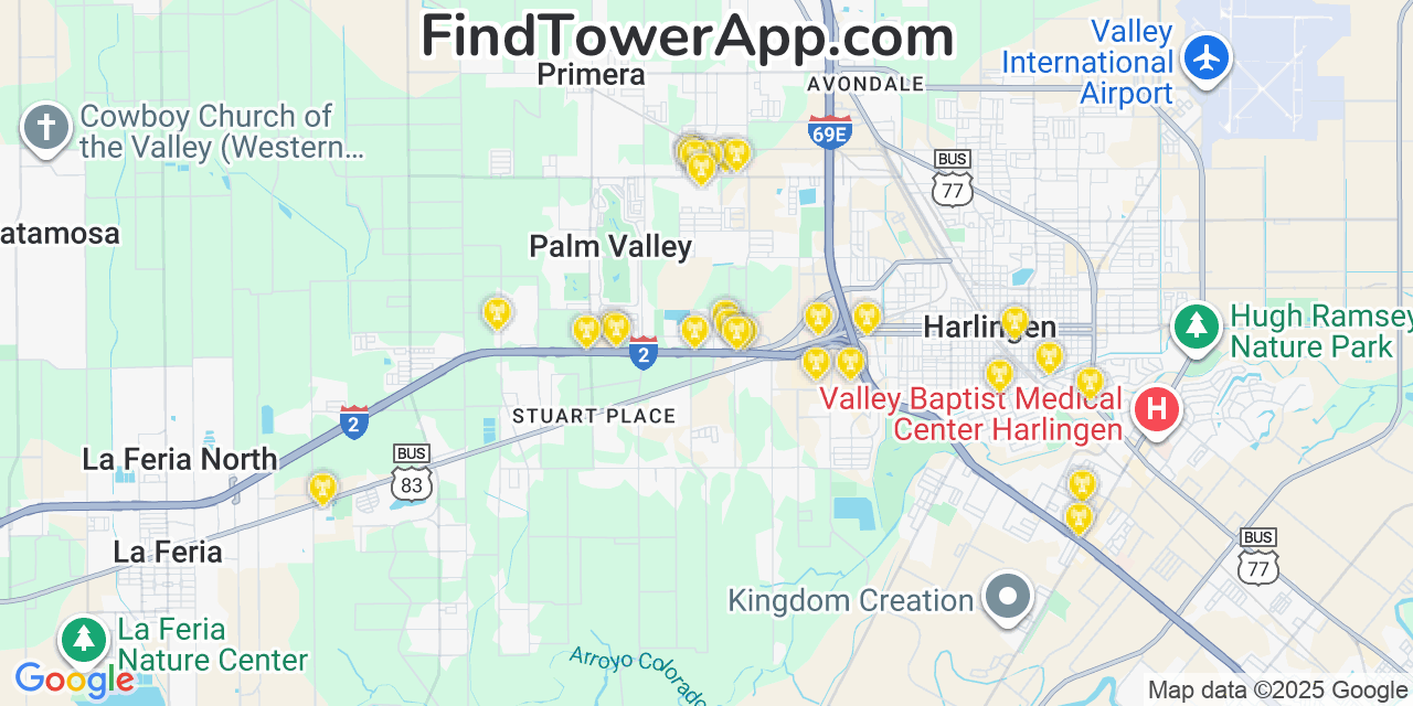 Map showing the 27 primary T-Mobile cell tower locations detected in Las Palmas Ii, Texas with coverage radius and signal strength indicators