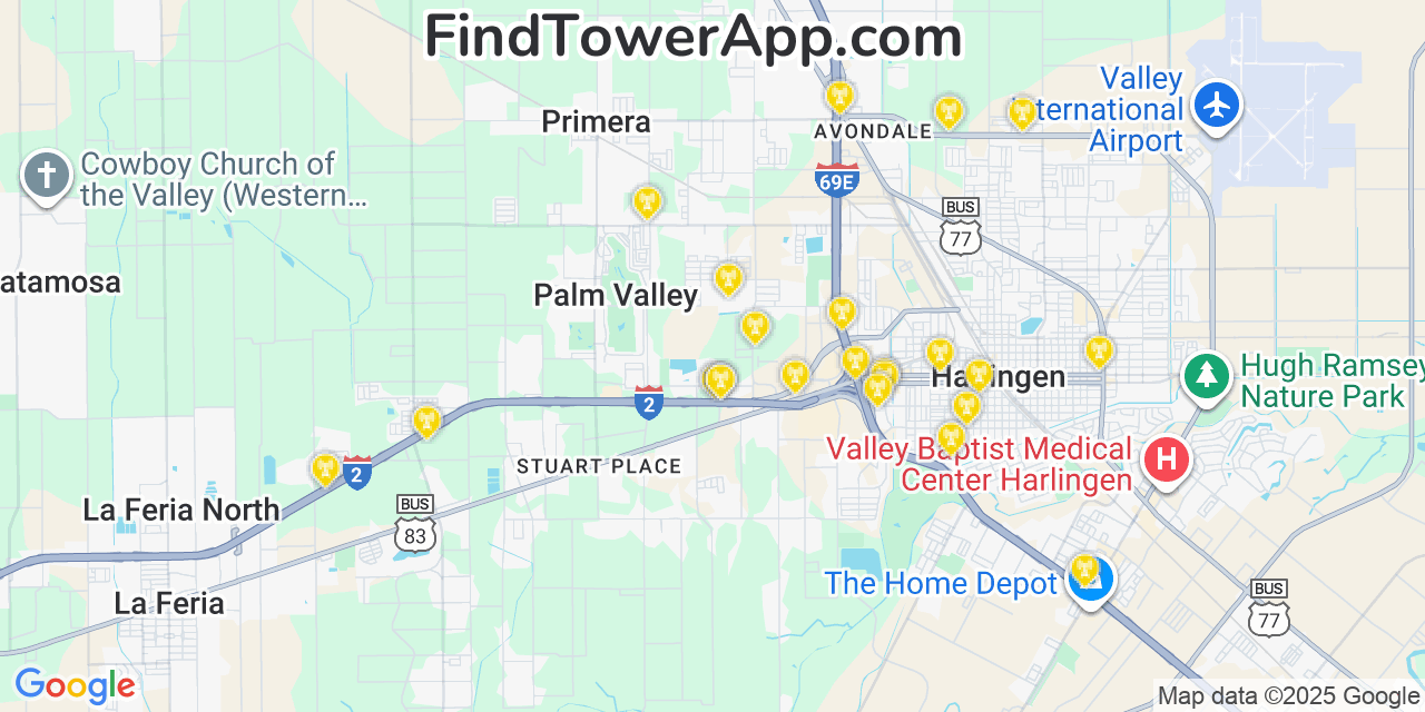 Map showing the 23 primary Verizon cell tower locations detected in Las Palmas Ii, Texas with coverage radius and signal strength indicators