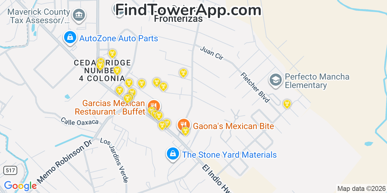 Map showing the 20 primary cell tower locations detected in Las Quintas Fronterizas Colonia, Texas from AT&T, Verizon, and T-Mobile networks