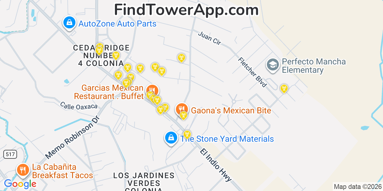 Map showing the 20 primary cell tower locations detected in Las Quintas Fronterizas, Texas from AT&T, Verizon, and T-Mobile networks
