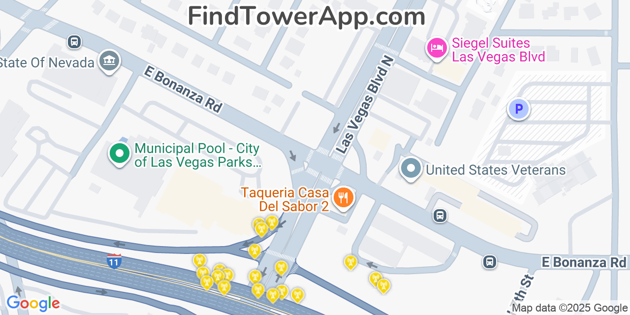 Map showing the 20 primary cell tower locations detected in Las Vegas, Nevada from AT&T, Verizon, and T-Mobile networks