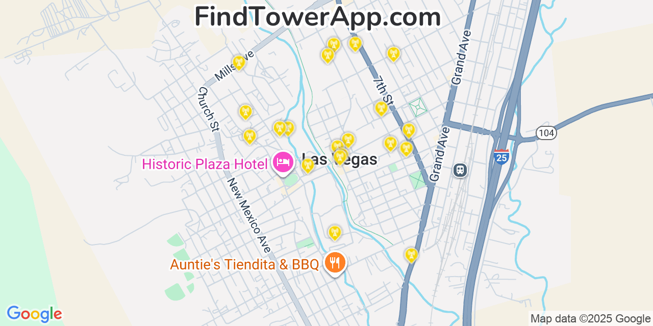 Map showing the 20 primary cell tower locations detected in Las Vegas, New Mexico from AT&T, Verizon, and T-Mobile networks