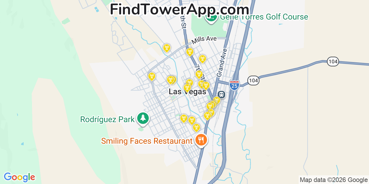 Map showing the 20 primary cell tower locations detected in Las Vegas, New Mexico from AT&T, Verizon, and T-Mobile networks