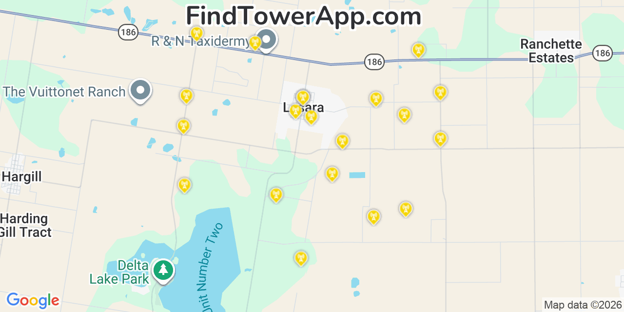 Map showing the 20 primary cell tower locations detected in Lasara, Texas from AT&T, Verizon, and T-Mobile networks