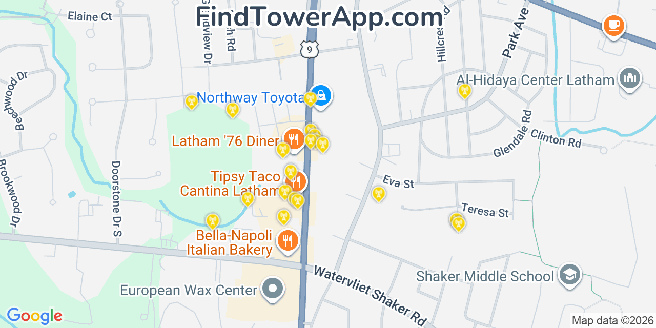 Map showing the 20 primary cell tower locations detected in Latham, New York from AT&T, Verizon, and T-Mobile networks