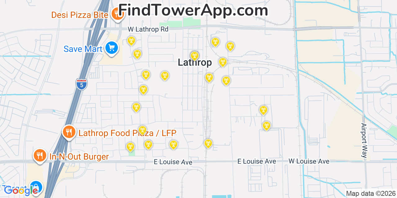 Map showing the 20 primary cell tower locations detected in Lathrop, California from AT&T, Verizon, and T-Mobile networks