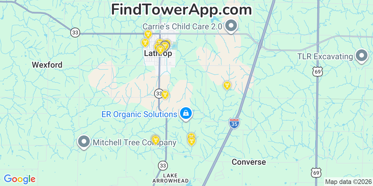 Map showing the 20 primary cell tower locations detected in Lathrop, Missouri from AT&T, Verizon, and T-Mobile networks