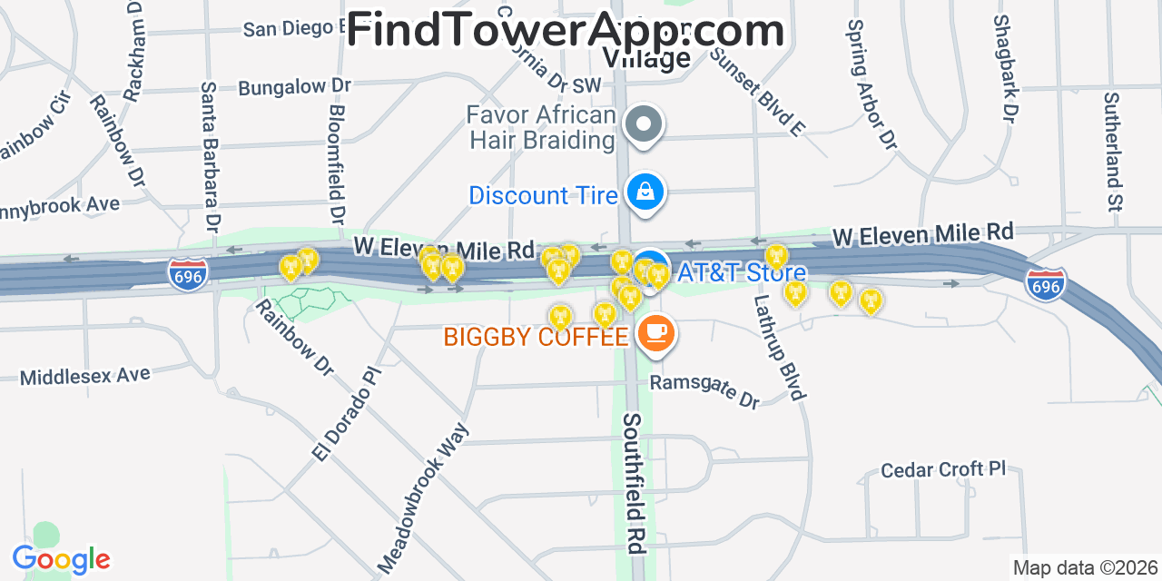 Map showing the 20 primary cell tower locations detected in Lathrup Village, Michigan from AT&T, Verizon, and T-Mobile networks