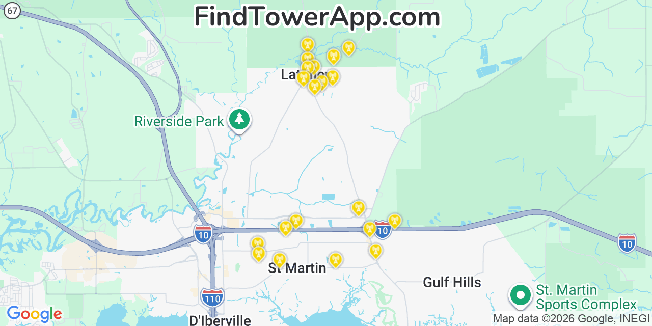 Map showing the 20 primary cell tower locations detected in Latimer, Mississippi from AT&T, Verizon, and T-Mobile networks