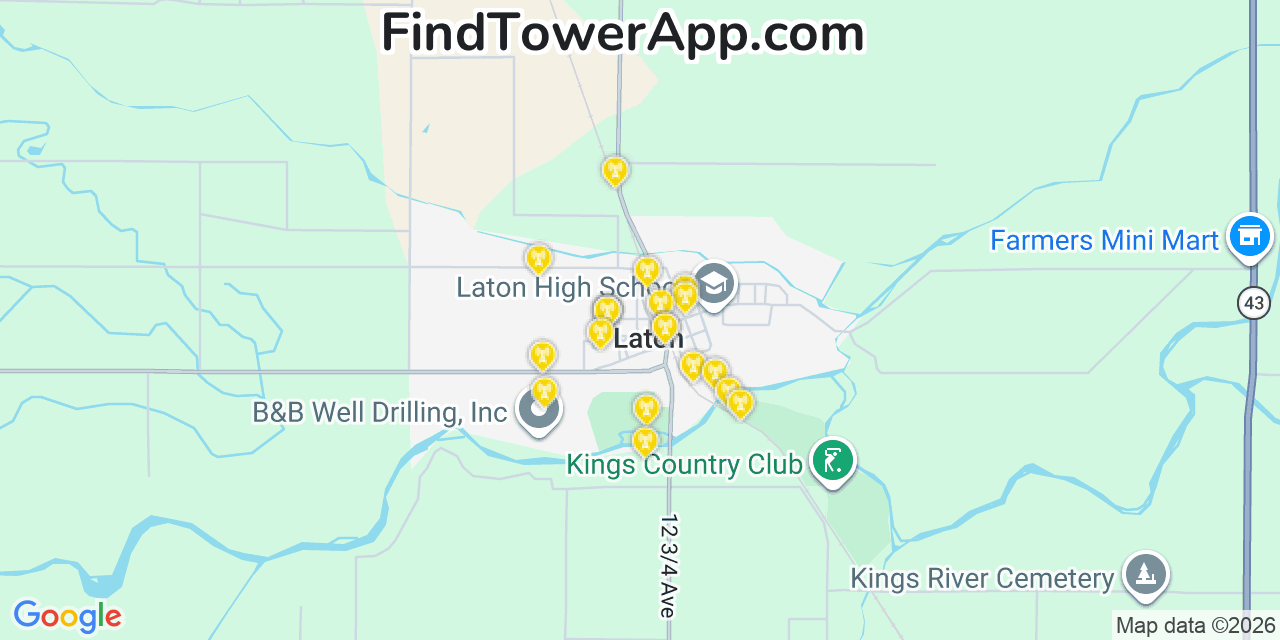 Map showing the 20 primary cell tower locations detected in Laton, California from AT&T, Verizon, and T-Mobile networks