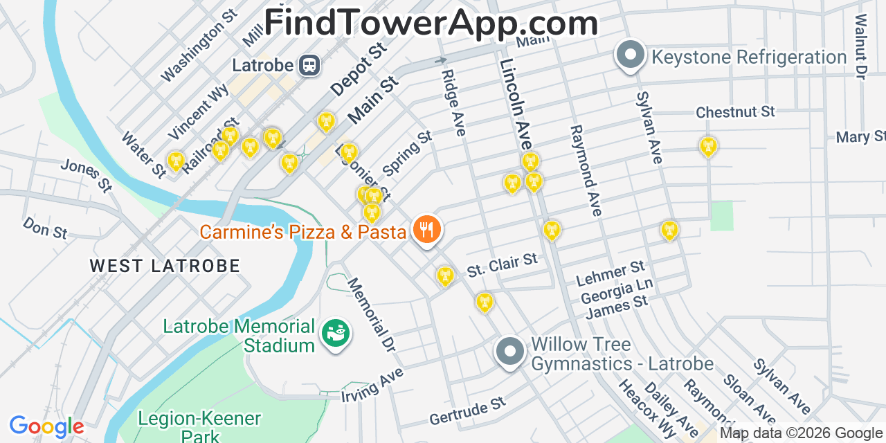 Map showing the 20 primary cell tower locations detected in Latrobe, Pennsylvania from AT&T, Verizon, and T-Mobile networks