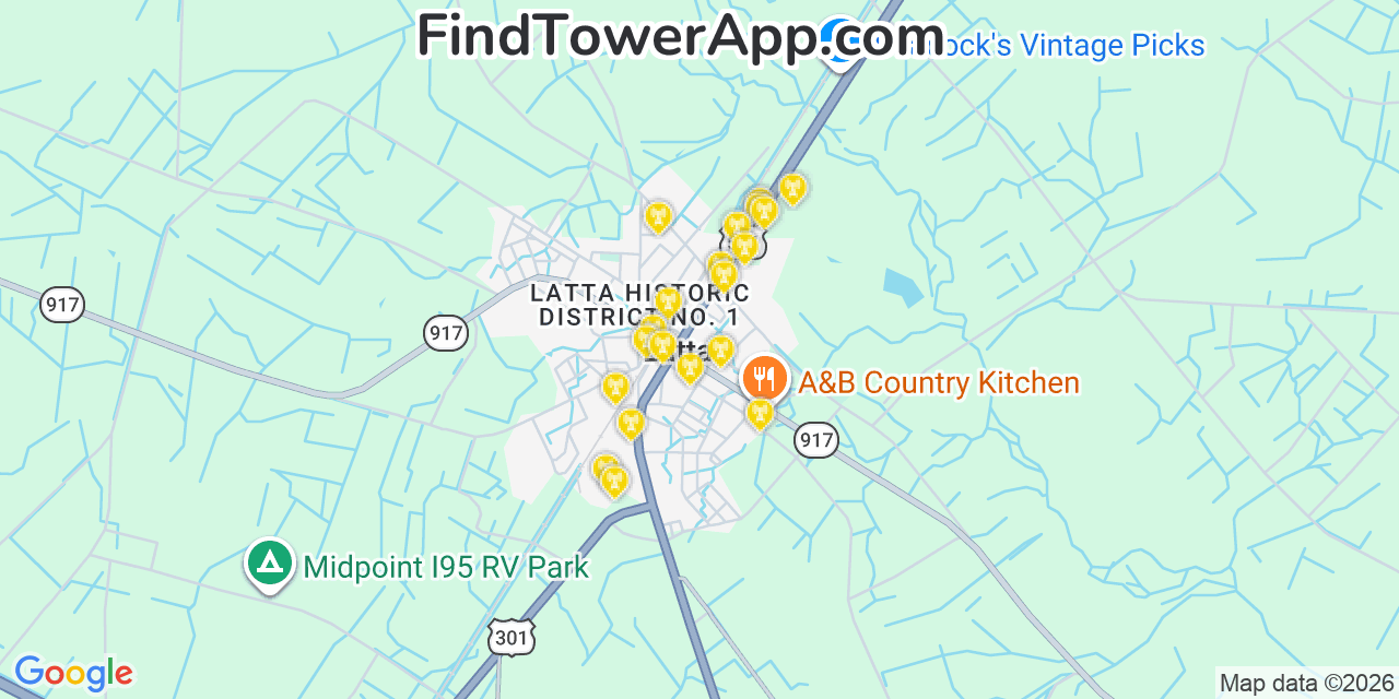 Map showing the 20 primary cell tower locations detected in Latta, South Carolina from AT&T, Verizon, and T-Mobile networks