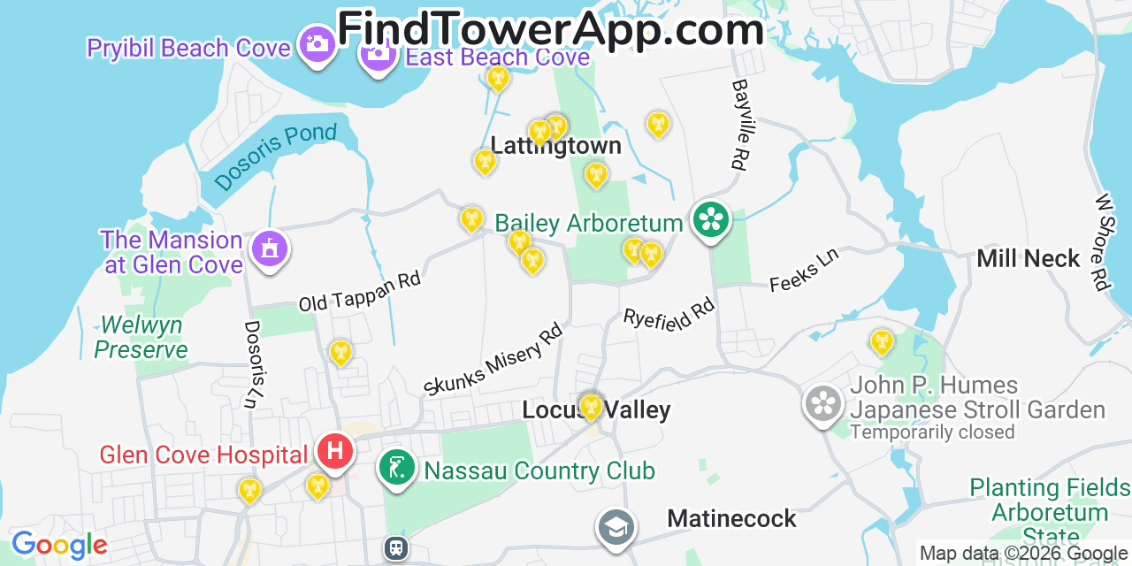 Map showing the 20 primary cell tower locations detected in Lattingtown, New York from AT&T, Verizon, and T-Mobile networks