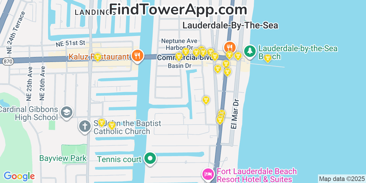 Map showing the 20 primary AT&T cell tower locations detected in Lauderdale By The Sea, Florida with coverage radius and signal strength indicators