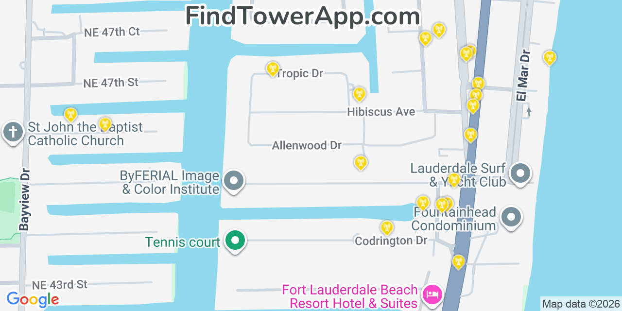 Map showing the 20 primary cell tower locations detected in Lauderdale By The Sea, Florida from AT&T, Verizon, and T-Mobile networks