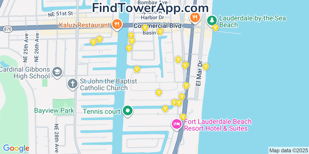 Map showing the 20 primary T-Mobile cell tower locations detected in Lauderdale By The Sea, Florida with coverage radius and signal strength indicators