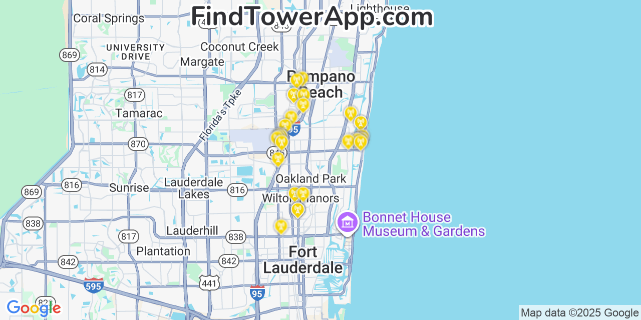 Map showing the 28 primary Verizon cell tower locations detected in Lauderdale By The Sea, Florida with coverage radius and signal strength indicators